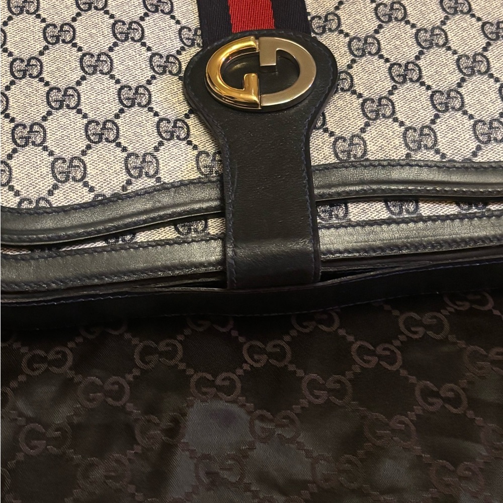 Gucci Beige GG Canvas Crossbody with Navy Trim and Red-Blue Web